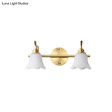 Traditional Brass Bathroom Wall Sconce With Flower Cream Glass Shade - 2/3 Bulbs Vanity Light