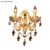 Traditional Brass Candelabra Sconce Light - 2 Heads Living Room Wall Mount Fixture With Crystal