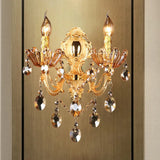 Traditional Brass Candelabra Sconce Light - 2 Heads Living Room Wall Mount Fixture With Crystal