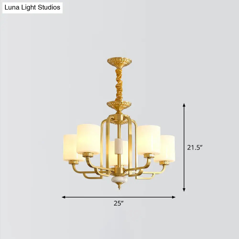 Traditional Brass Ceiling Hang Light With Milky Glass For Living Room