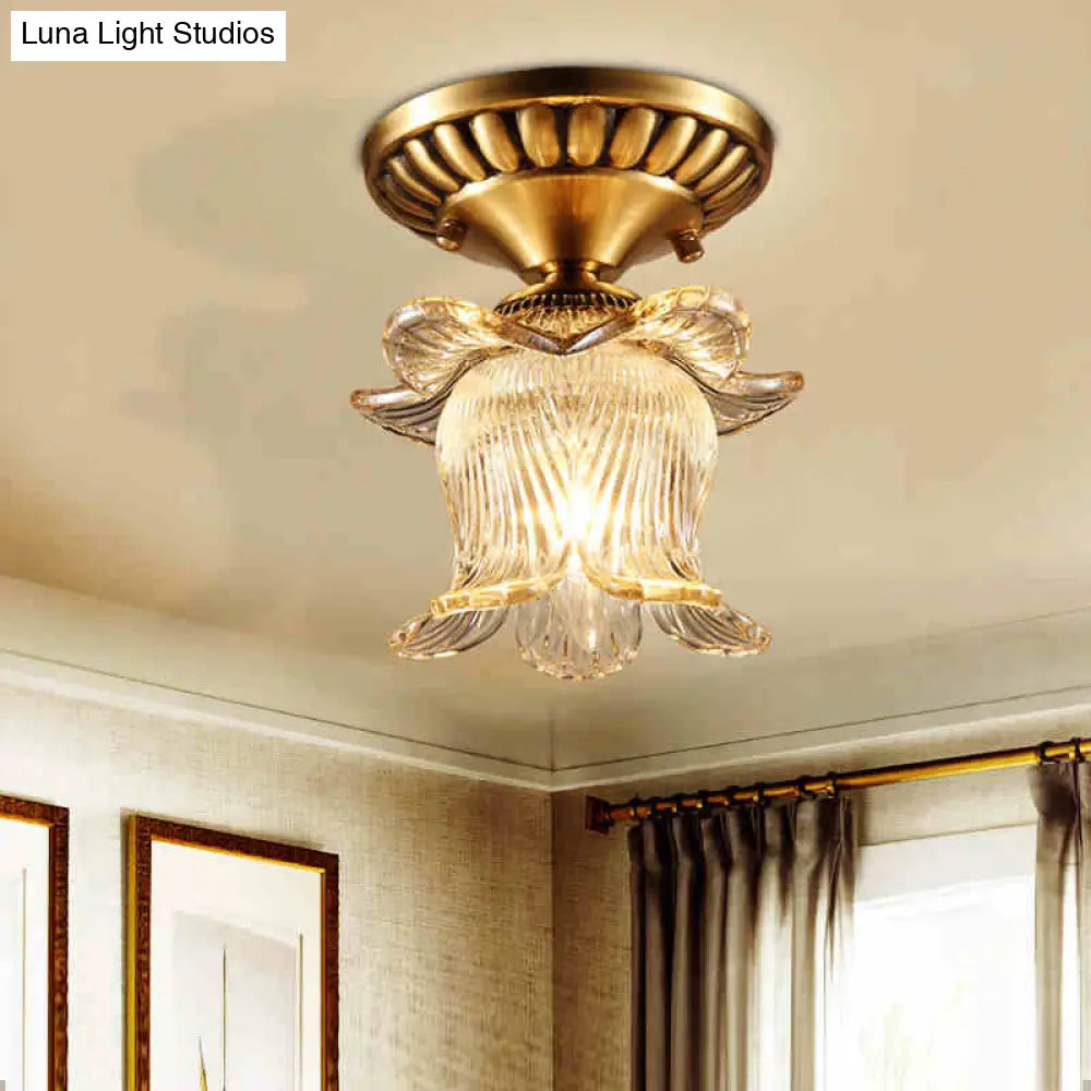 Traditional Brass Chandelier With Clear Ribbed Glass And Semi - Flush Mount For 1 Bulb