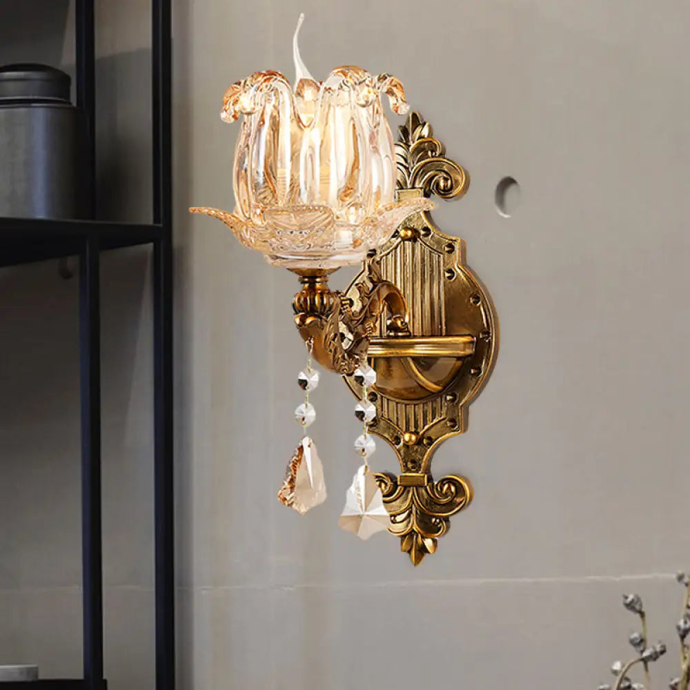 Traditional Brass Crystal Flower Wall Sconce For Hallway Half-Light And Antiqued Finish 1 /