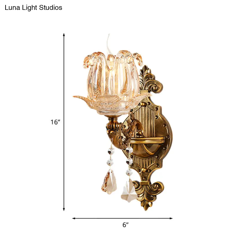 Traditional Brass Crystal Flower Wall Sconce For Hallway Half-Light And Antiqued Finish
