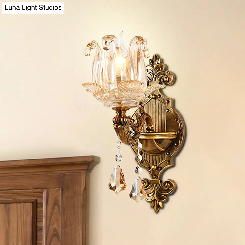 Traditional Brass Crystal Flower Wall Sconce For Hallway Half-Light And Antiqued Finish