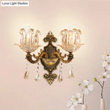 Traditional Brass Crystal Flower Wall Sconce For Hallway Half-Light And Antiqued Finish