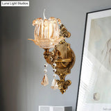 Traditional Brass Crystal Flower Wall Sconce For Hallway Half-Light And Antiqued Finish