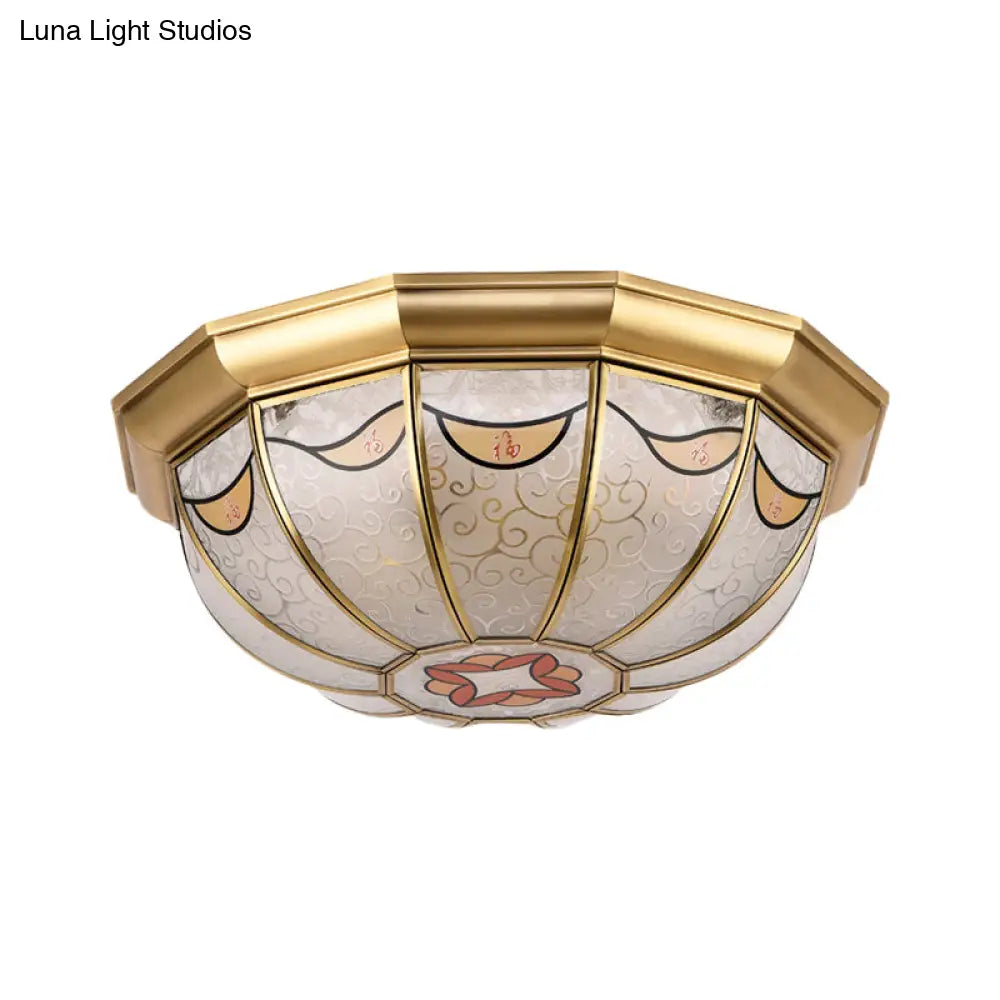 Traditional Brass Domed Shade Flush Ceiling Light With Frosted Glass - 4-Light Mount For Dining