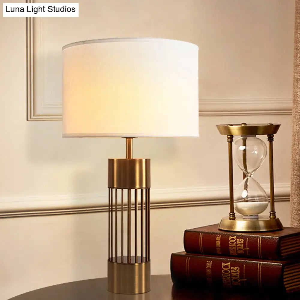 Traditional Brass Drum Fabric Desk Lamp: 1-Light Bedroom Reading Light With Cylinder Base