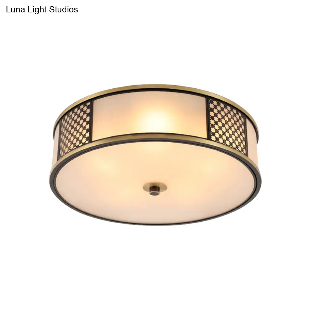 Traditional Brass Drum Flush Mount Ceiling Lamp 5 Light White Glass 16’/19.5’ Width - Ideal For