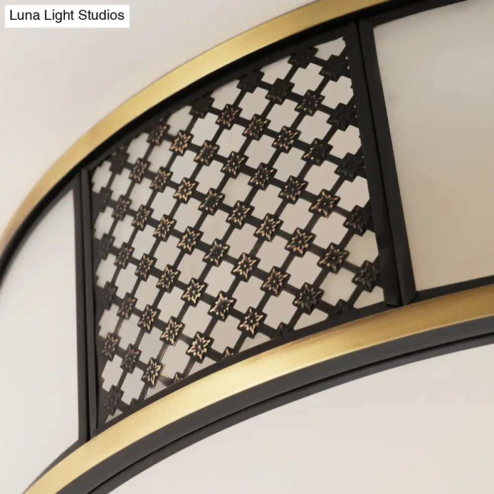 Traditional Brass Drum Flush Mount Ceiling Lamp 5 Light White Glass 16’/19.5’ Width - Ideal For