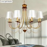 Traditional Brass Finish Chandelier With White Fabric Lamp Shade - 3/5/6 Lights