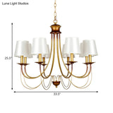 Traditional Brass Finish Chandelier With White Fabric Lamp Shade - 3/5/6 Lights