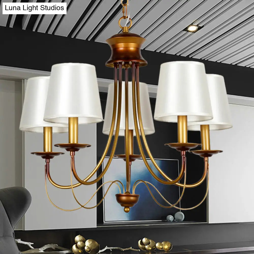 Traditional Brass Finish Chandelier With White Fabric Lamp Shade - 3/5/6 Lights