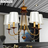 Traditional Brass Finish Chandelier With White Fabric Lamp Shade - 3/5/6 Lights
