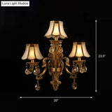 Traditional Brass Finish Scalloped Wall Sconce With Frosted Glass And Crystal Deco - 3 Heads