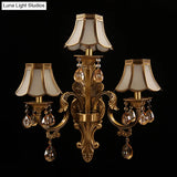Traditional Brass Finish Scalloped Wall Sconce With Frosted Glass And Crystal Deco - 3 Heads