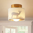 Traditional Brass Finish Semi Flush Mount Light With Elk/Leaf Pattern And Drum Shade / Elk