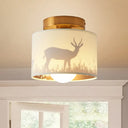 Traditional Brass Finish Semi Flush Mount Light With Elk/Leaf Pattern And Drum Shade / Elk