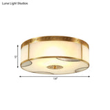 Traditional Brass Flush Mount Drum Ceiling Light With Frosted Glass - 14’/18’ Wide 3/4 - Light