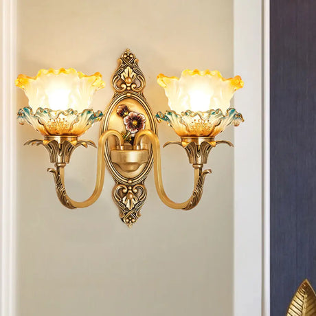 Traditional Brass Frosted Glass Wall Mount Lighting Fixture With Ruffle Detail 2 /