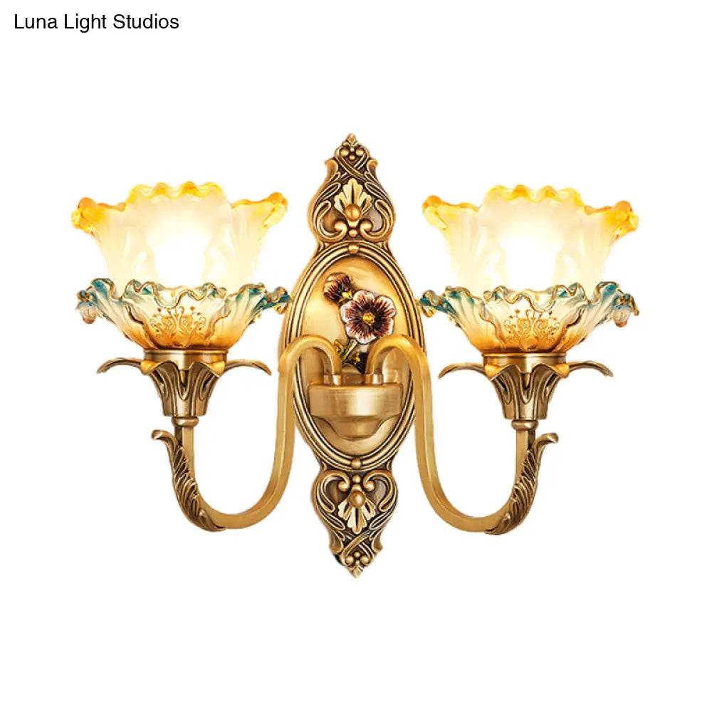 Traditional Brass Frosted Glass Wall Mount Lighting Fixture With Ruffle Detail