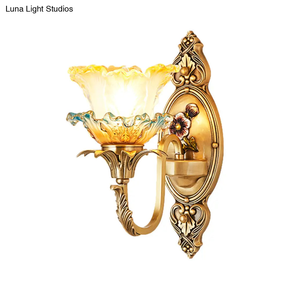 Traditional Brass Frosted Glass Wall Mount Lighting Fixture With Ruffle Detail