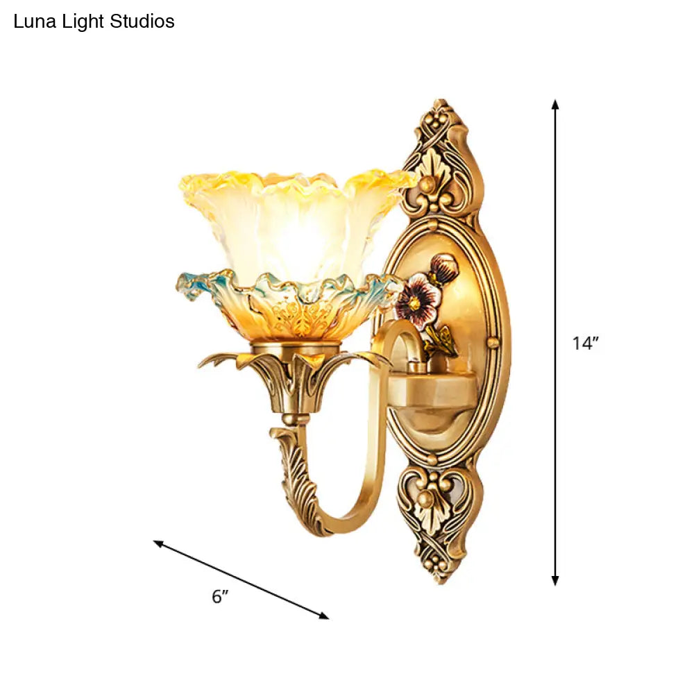 Traditional Brass Frosted Glass Wall Mount Lighting Fixture With Ruffle Detail