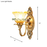 Traditional Brass Frosted Glass Wall Mount Lighting Fixture With Ruffle Detail