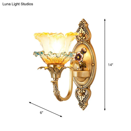 Traditional Brass Frosted Glass Wall Mount Lighting Fixture With Ruffle Detail
