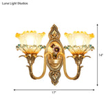 Traditional Brass Frosted Glass Wall Mount Lighting Fixture With Ruffle Detail