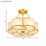 Traditional Brass Semi - Flush Flower Ceiling Light With White Curved Glass Shade - 4/6 Lights