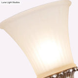 Traditional Brass Wall Sconce Lamp With 2 Curvy Arm Lights And Bell White Glass Shade