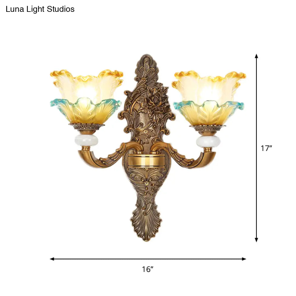 Traditional Brass Wall Sconce With Yellow And Blue Glass Accents Lettuce-Edge Mount Lamp 1/2-Head