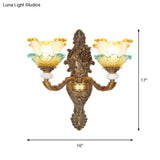 Traditional Brass Wall Sconce With Yellow And Blue Glass Accents Lettuce-Edge Mount Lamp 1/2-Head