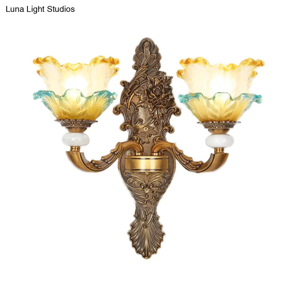 Traditional Brass Wall Sconce With Yellow And Blue Glass Accents Lettuce-Edge Mount Lamp 1/2-Head