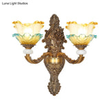 Traditional Brass Wall Sconce With Yellow And Blue Glass Accents Lettuce-Edge Mount Lamp 1/2-Head