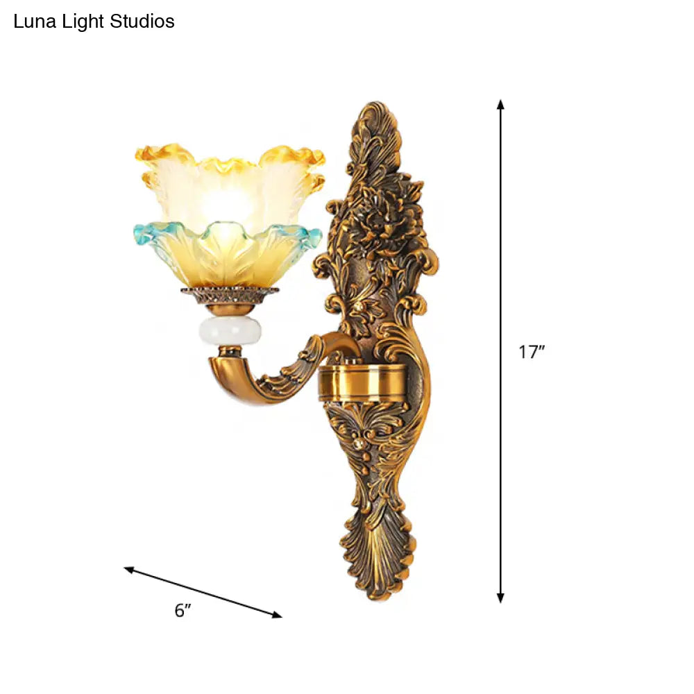 Traditional Brass Wall Sconce With Yellow And Blue Glass Accents Lettuce-Edge Mount Lamp 1/2-Head