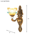 Traditional Brass Wall Sconce With Yellow And Blue Glass Accents Lettuce-Edge Mount Lamp 1/2-Head