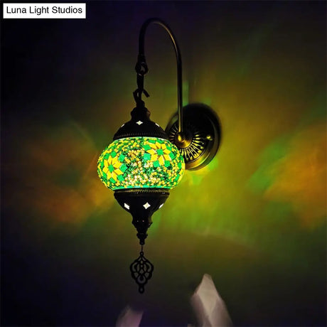 Traditional Bronze 1-Bulb Armed Wall Sconce Light With Global Green Glass Shade