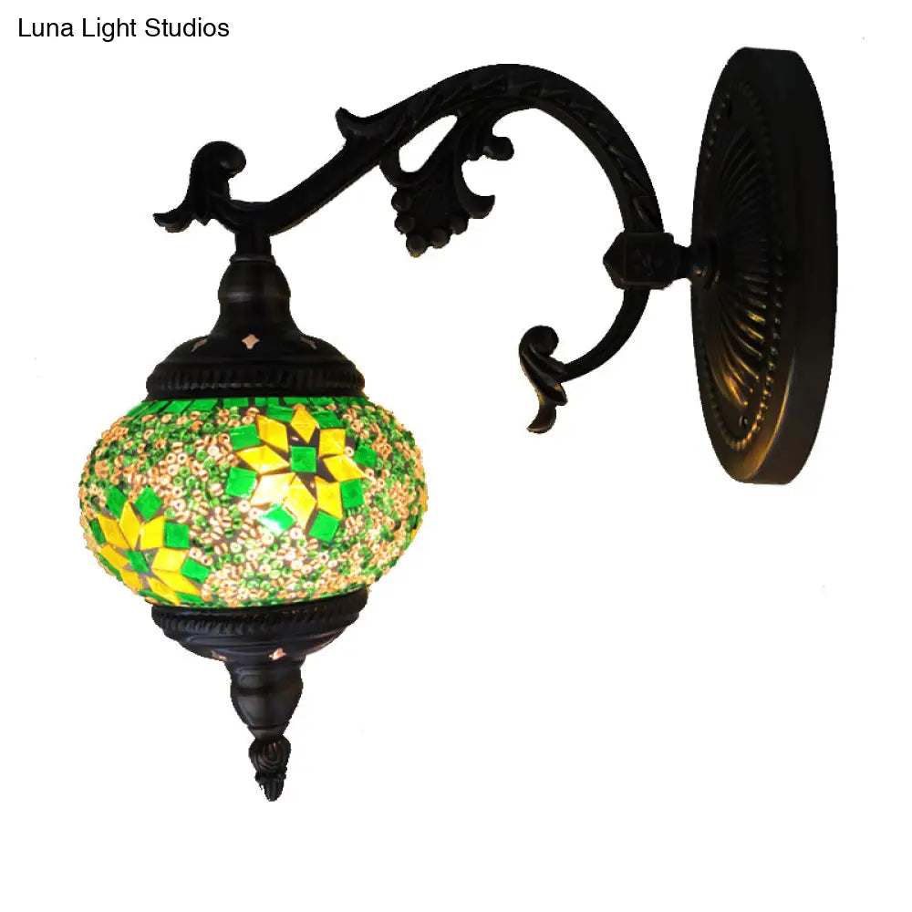 Traditional Bronze 1-Bulb Armed Wall Sconce Light With Global Green Glass Shade