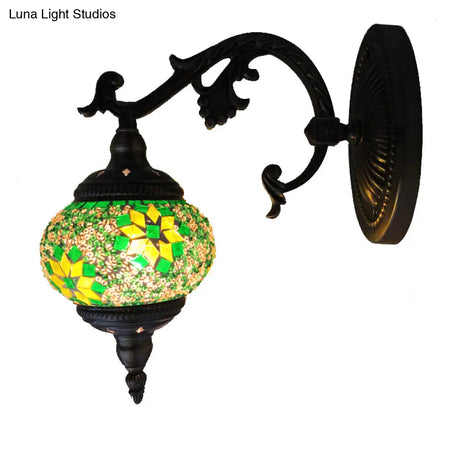 Traditional Bronze 1-Bulb Armed Wall Sconce Light With Global Green Glass Shade