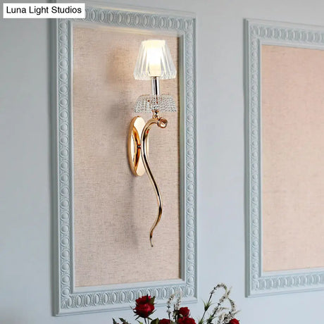 Traditional Clear Crystal Bedroom Wall Sconce Light - Gold Lamp With Curvy Metal Arm