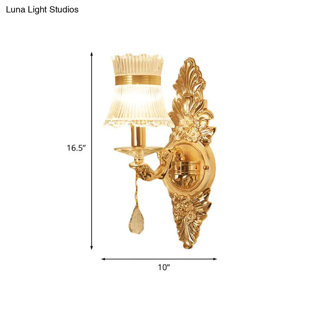 Traditional Clear Ribbed Glass Wall Sconce Light With Gold Carved Arm - Flower/Sector Design