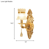 Traditional Clear Ribbed Glass Wall Sconce Light With Gold Carved Arm - Flower/Sector Design