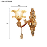 Traditional Clear Ribbed Glass Wall Sconce Light With Gold Carved Arm - Flower/Sector Design