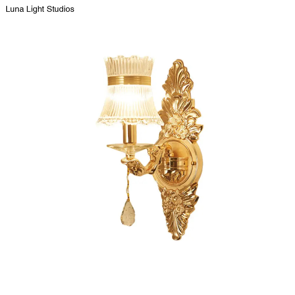 Traditional Clear Ribbed Glass Wall Sconce Light With Gold Carved Arm - Flower/Sector Design