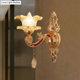 Traditional Clear Ribbed Glass Wall Sconce Light With Gold Carved Arm - Flower/Sector Design