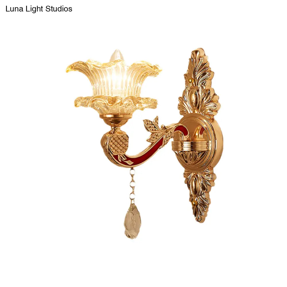 Traditional Clear Ribbed Glass Wall Sconce Light With Gold Carved Arm - Flower/Sector Design