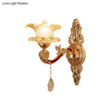 Traditional Clear Ribbed Glass Wall Sconce Light With Gold Carved Arm - Flower/Sector Design