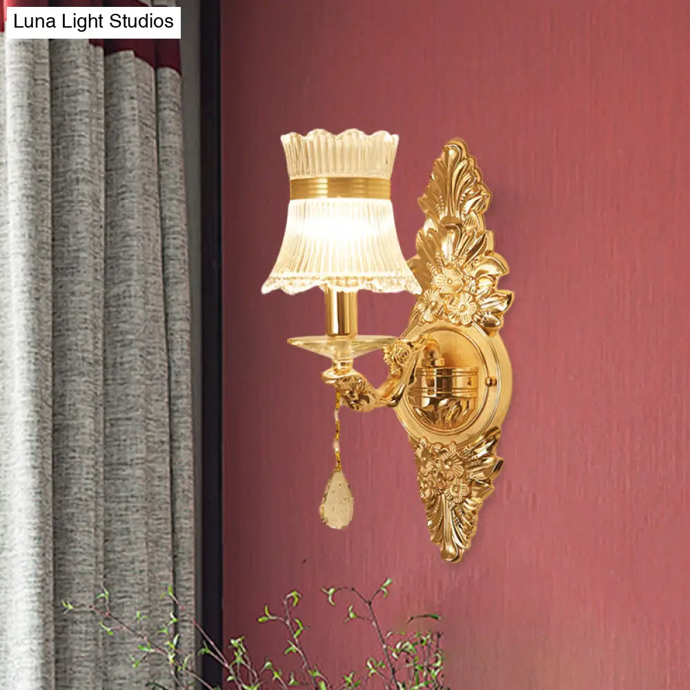 Traditional Clear Ribbed Glass Wall Sconce Light With Gold Carved Arm - Flower/Sector Design